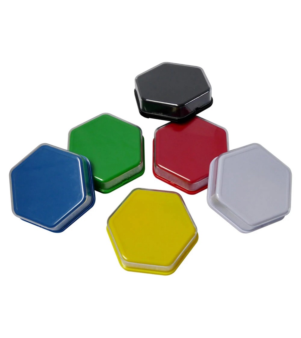 Taster mit farbiger Oberfläche und transparenter Abdeckung. Der Taster kann gedrückt werden, um Audio-Nachrichten abzuspielen.