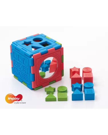 "Learning Cube" - from 10 months - Dimensions: Dice element 21 cm x 21 cm, height of shapes 2, 4 and 6 cm