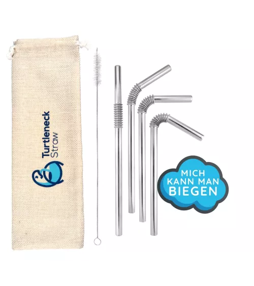 Acero inoxidable "Turtleneck® Straw" 4 cucharadas de plata 22cm Ø 7.5 mm, incl. bolsa de almacenamiento & cepillos!