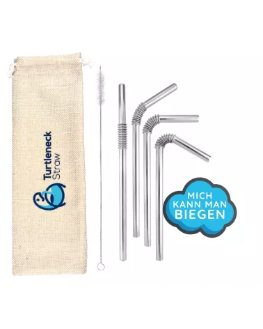 Acero inoxidable "Turtleneck® Straw" 4 cucharadas de plata 22cm Ø 7.5 mm, incl. bolsa de almacenamiento & cepillos!