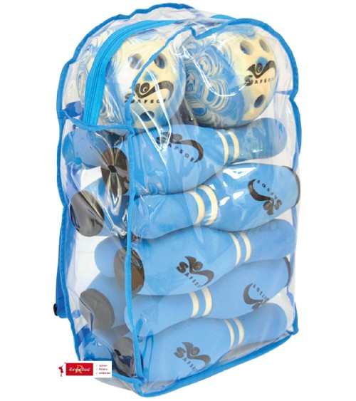 Aufgestelltes Spiel mit Kugeln. Helles Blau, mit weißen Applikationen und schwarzen Schriftzeichen