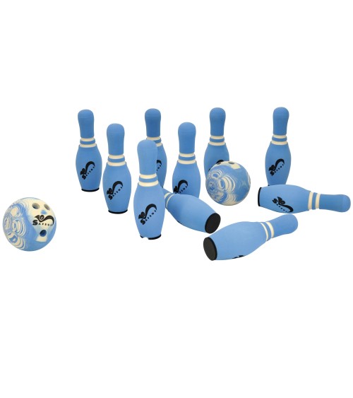 Split game with balls. Bright blue, with white applications and black characters