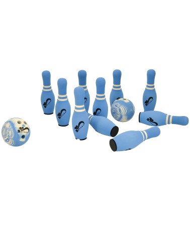 Split game with balls. Bright blue, with white applications and black characters