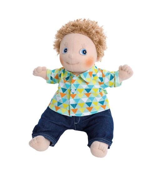 Muñeca de tela suave Oliver, 36 cm de altura, con piel brillante, pelo rubio y ojos azules