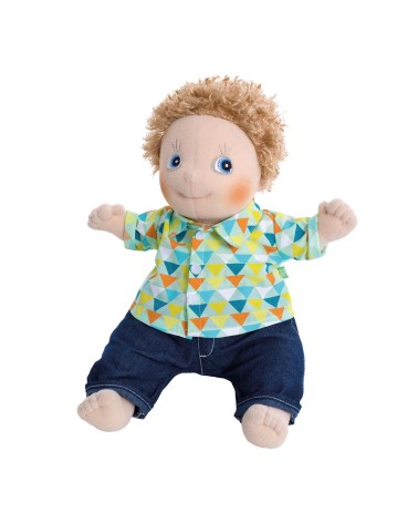 Soft cloth doll Oliver, 36cm tall, with bright skin, blond hair and blue eyes