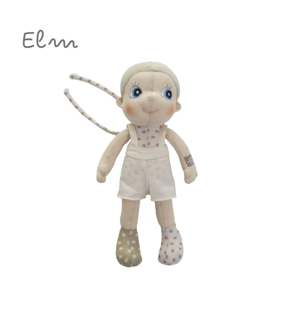 Nachhaltige Mini EcoBuds Puppe Elm (23 cm) aus Bio-Baumwolle mit Befestigungsbändern – ideal für Babys und unterwegs.