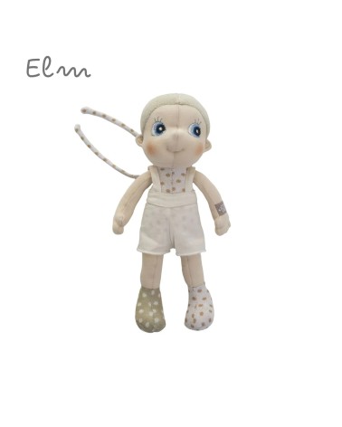 Nachhaltige Mini EcoBuds Puppe Elm (23 cm) aus Bio-Baumwolle mit Befestigungsbändern – ideal für Babys und unterwegs.