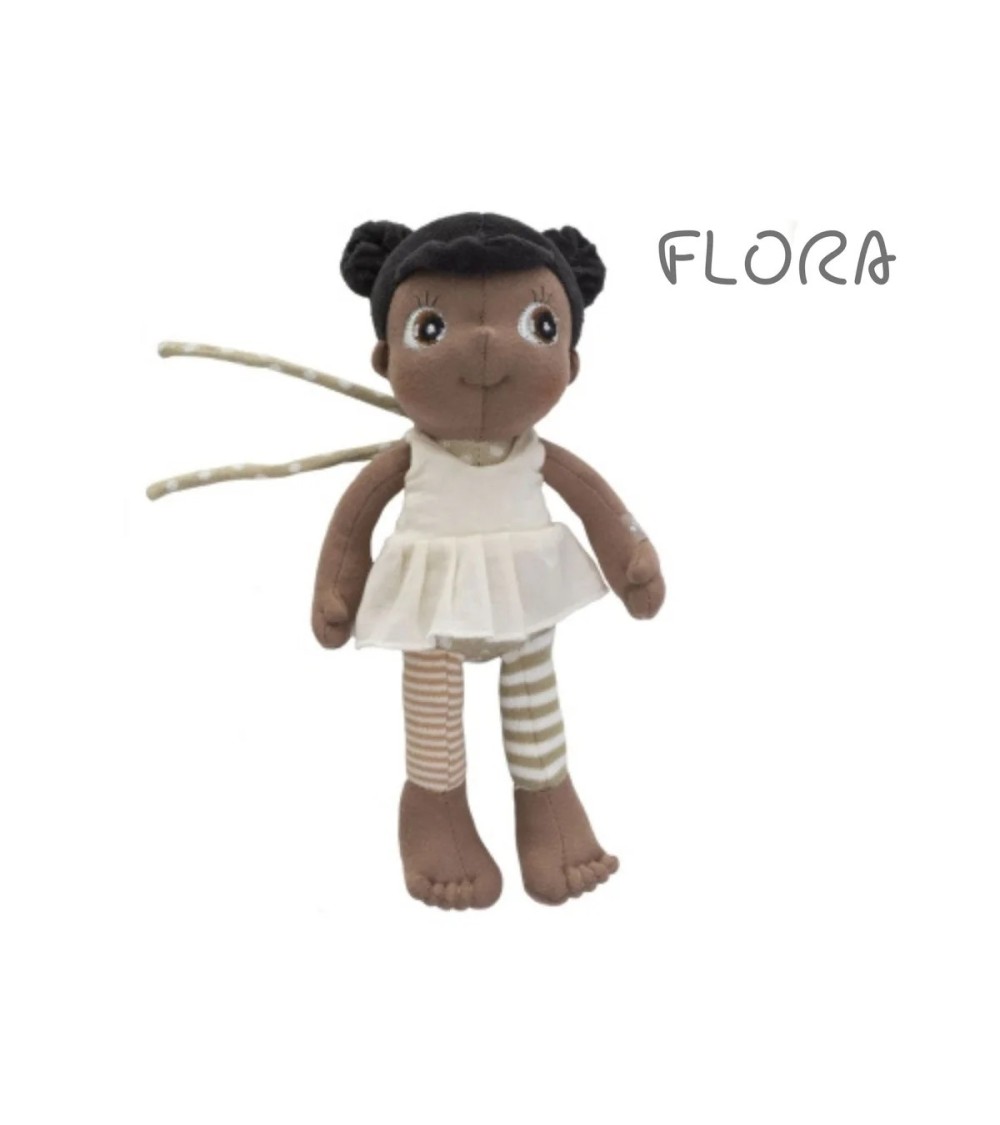 Nachhaltige Mini EcoBuds Puppe Flora (23 cm) aus Bio-Baumwolle mit Befestigungsbändern – ideal für Babys und unterwegs.