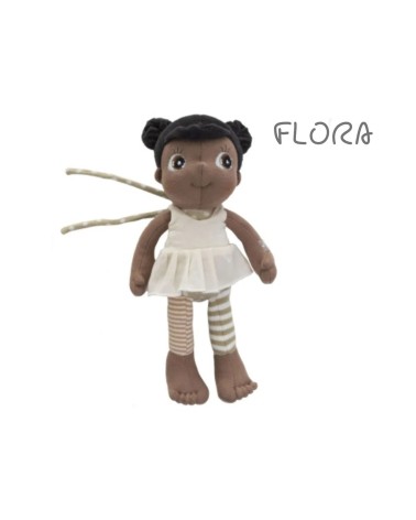 Nachhaltige Mini EcoBuds Puppe Flora (23 cm) aus Bio-Baumwolle mit Befestigungsbändern – ideal für Babys und unterwegs.