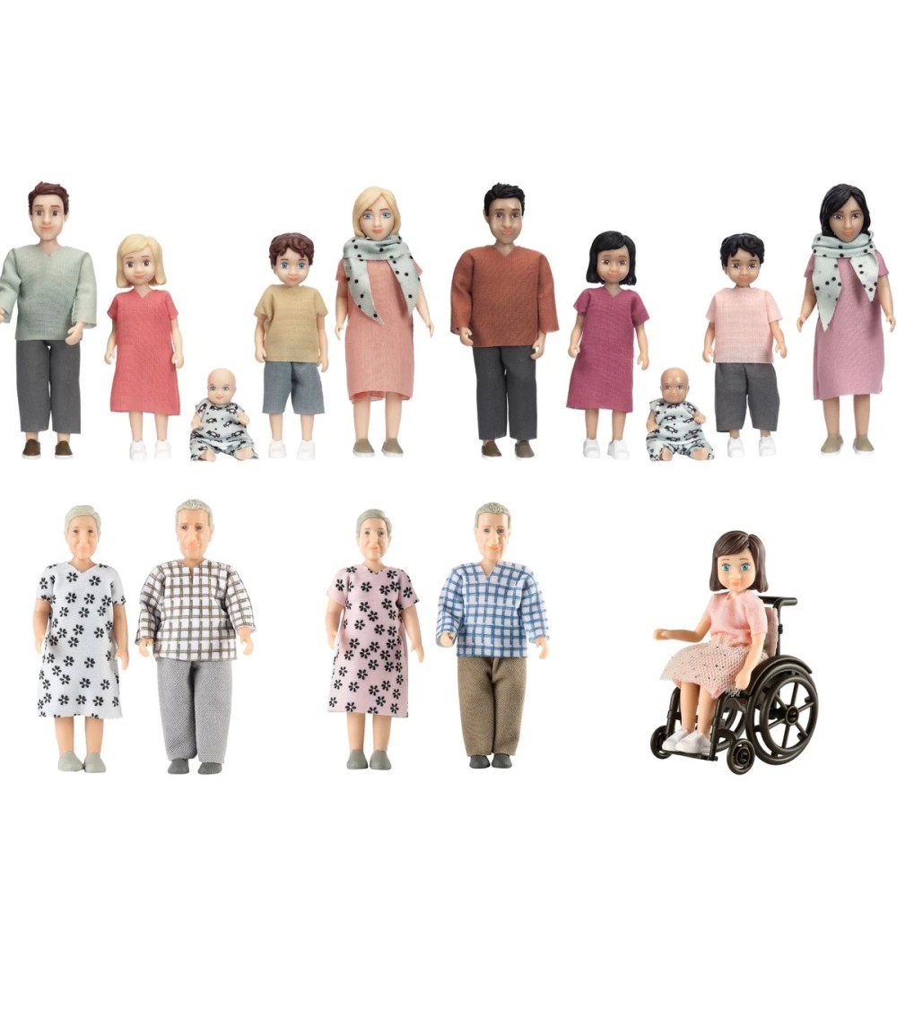 MICKI – Original „Lundby Kindergarten-Puppenset“ – 15 Teile inkl. Rollstuhl, Maßstab 1:18