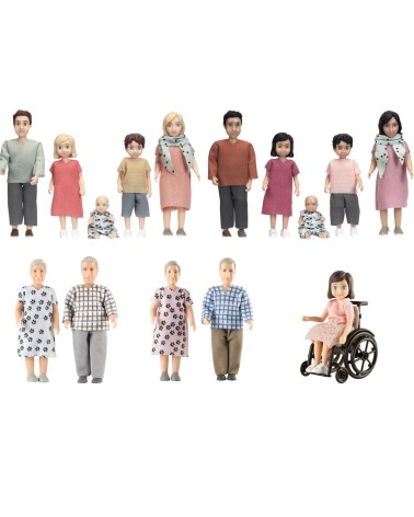 MICKI – Original „Lundby Kindergarten-Puppenset“ – 15 Teile inkl. Rollstuhl, Maßstab 1:18