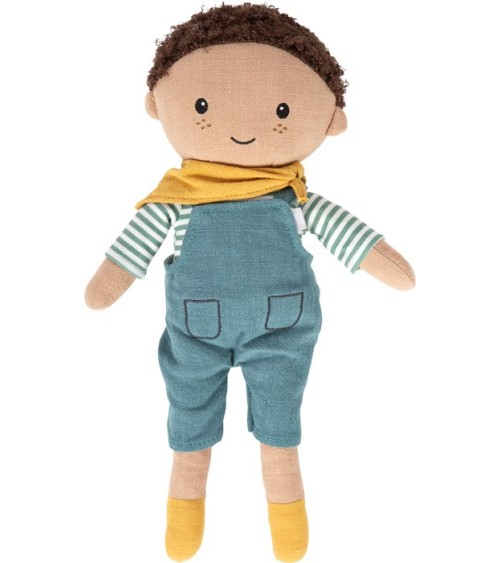 La faccia è amichevole, con colori tenui e contorni chiari.