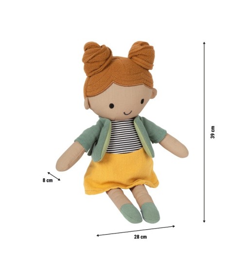 De stoffen pop Maya is ongeveer 39 cm grote, zachte pop gemaakt van stof.