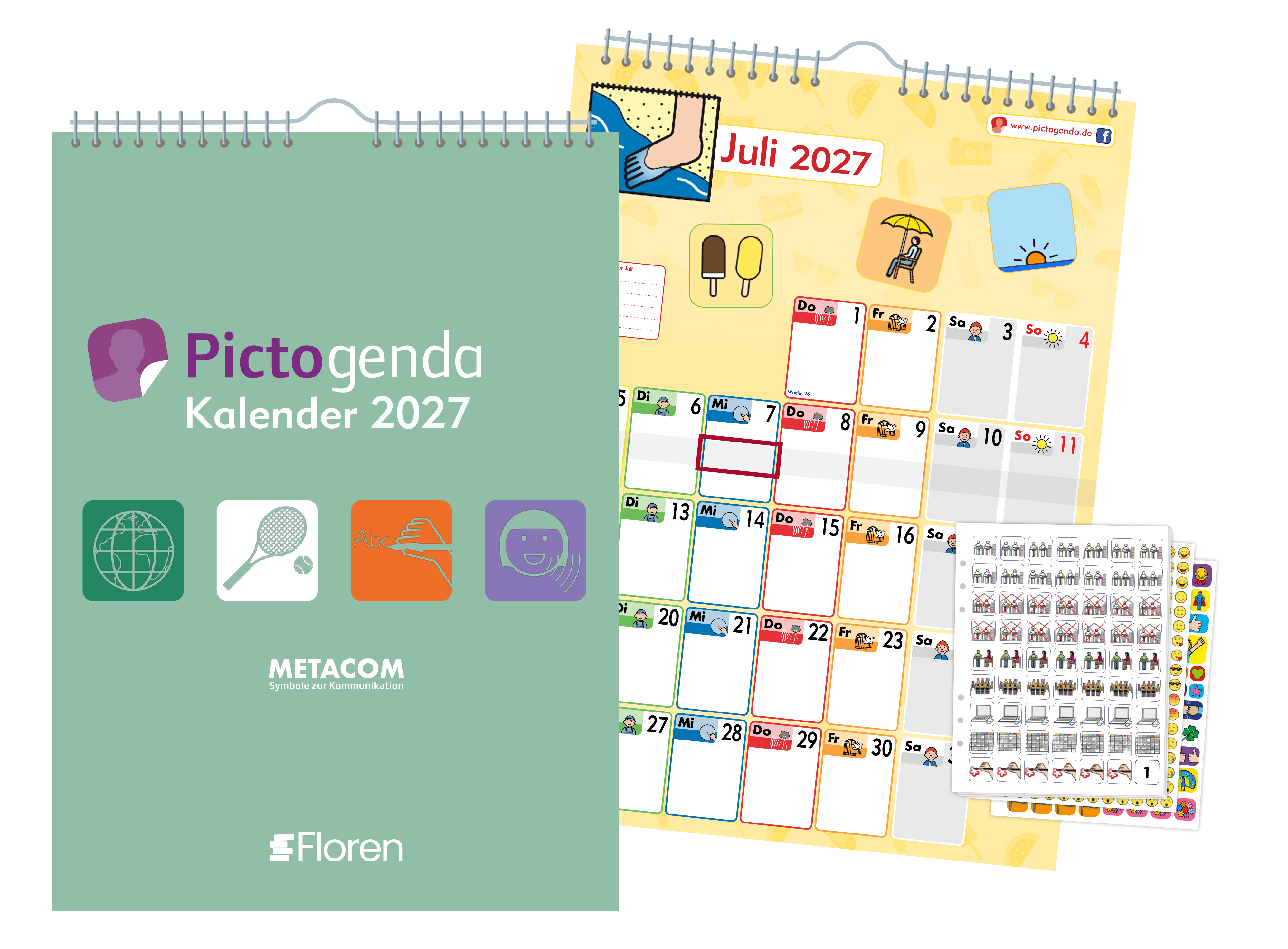 Pictogenda Wandkalender 2027 mit Monatsübersicht, Tagesmarkierung und Aufklebern